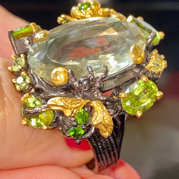 Intricate Genuine Green Amethyst Ring with Gems - Picture 7 of 17